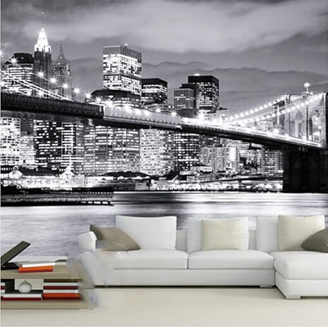 Amazon Lcymt カスタム壁画夜景マンハッタンブリッジニューヨークヨーロッパとアメリカの都市白黒リビングルームの背景壁紙 250x175cm 壁紙