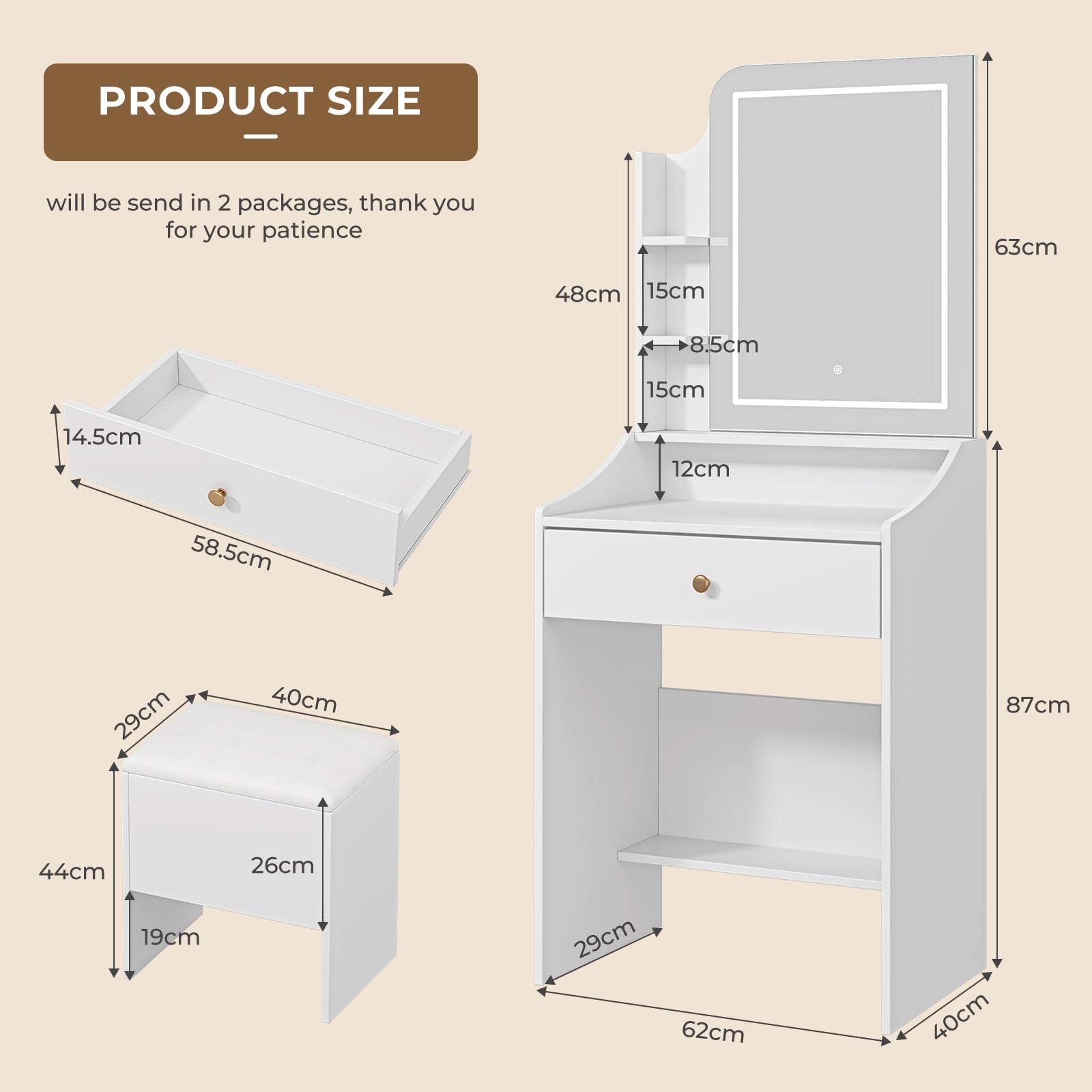 Dripex Tavolo da toeletta con illuminazione, tavolo da trucco con sgabello e specchio, 3 colori con luminosità regolabile, Vanity Desk per make up, 62 x 150 cm, bianco (62 x 150 H)