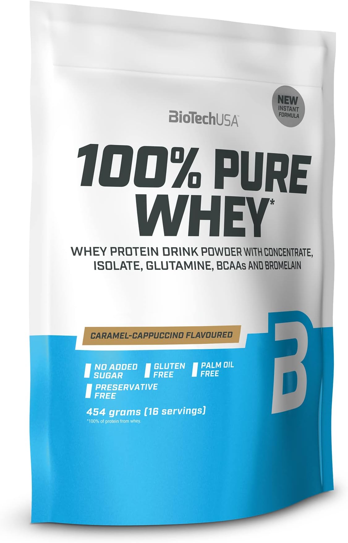 BioTechUSA100% Pure Whey | Protein Powder with BCAA and Glutamine | Gluten-Free, Palm Oil Free | 21g Protein per Serving, 454 g, Caramel-Cappuccino