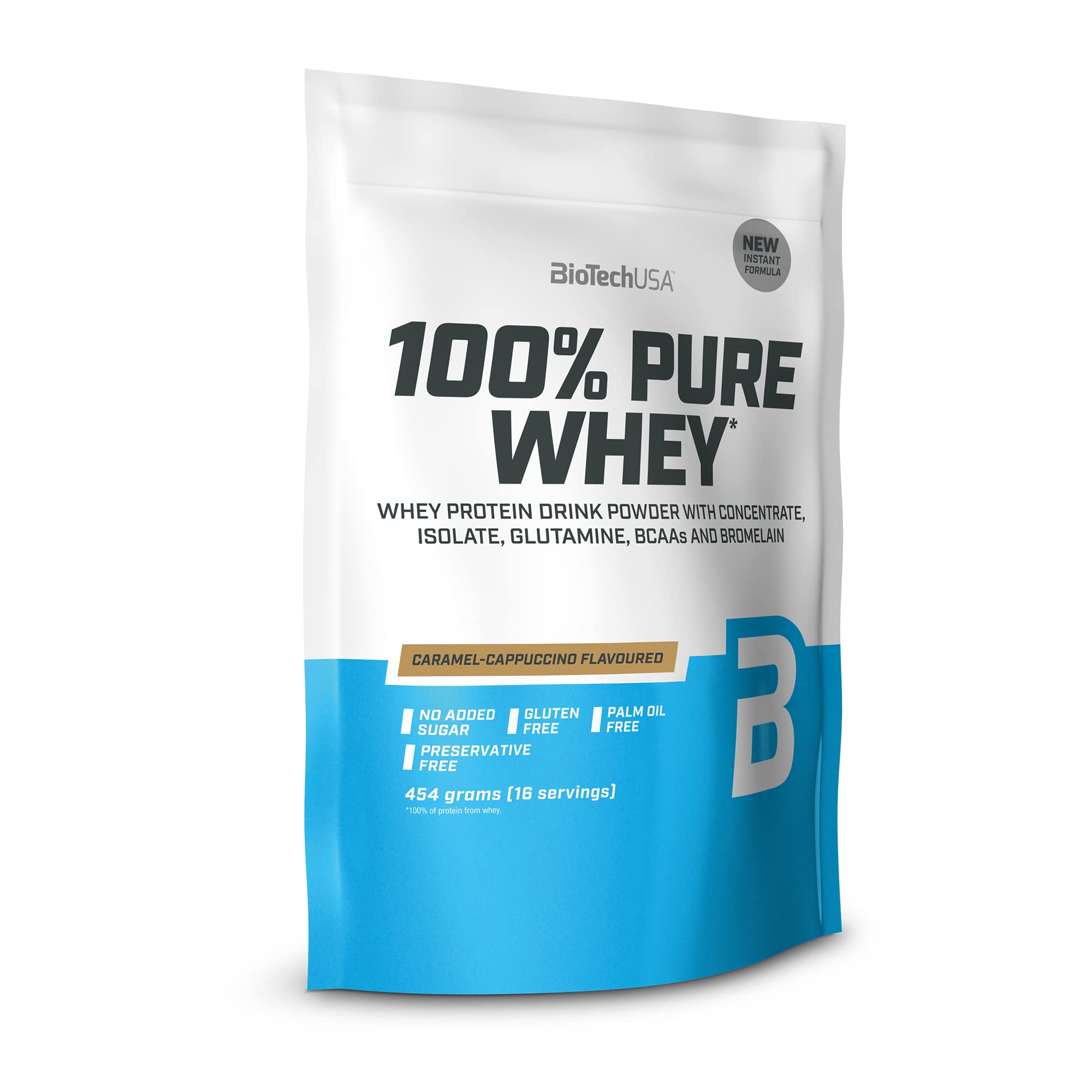 BioTechUSA100% Pure Whey | Protein Powder with BCAA and Glutamine | Gluten-Free, Palm Oil Free | 21g Protein per Serving, 454 g, Caramel-Cappuccino