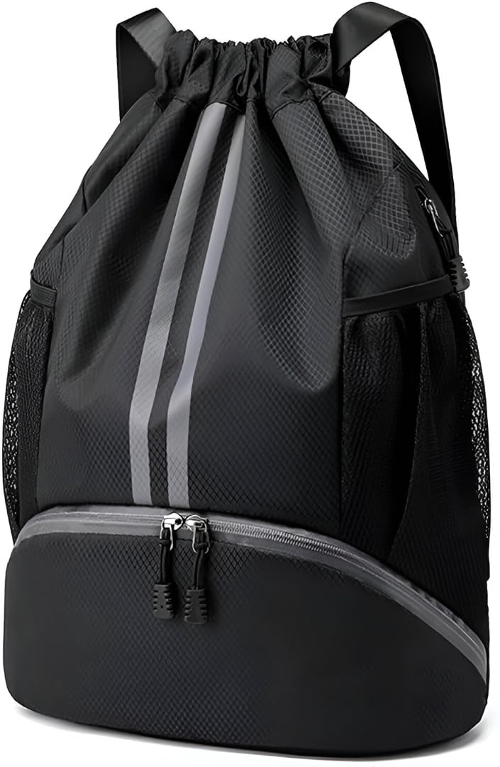 Drawstring Backpack with Shoe Compartment, Waterproof Oxford Fabric Bag with Multiple Pockets, 18.5 Inch Sports Gym Sack Black-image-35
