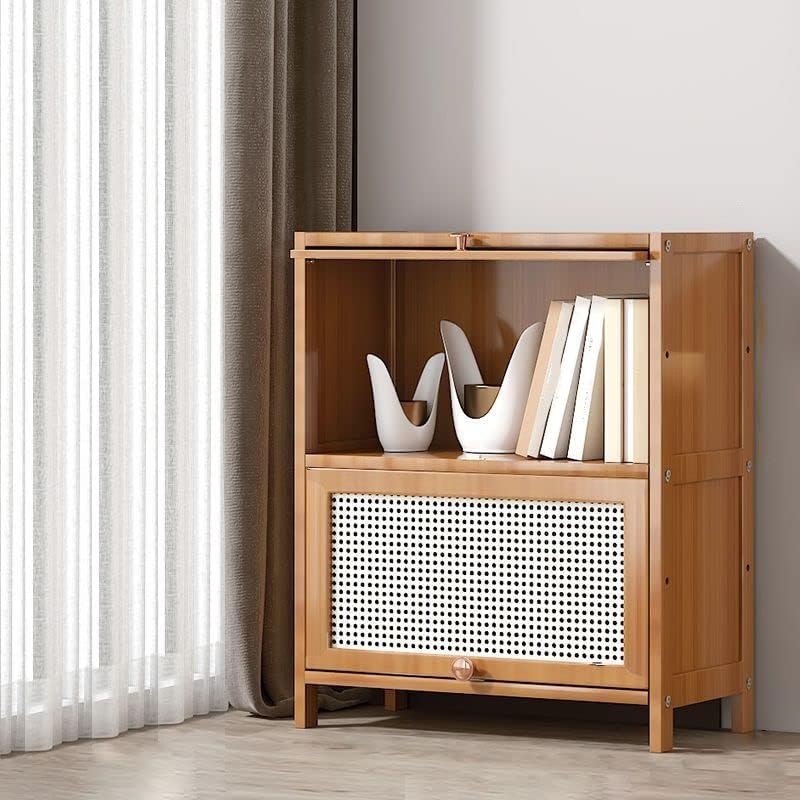 CraftThink Wooden Bookshelf, 2 Tier Bamboo Light Brown Bookshelf Modern Standard Bookcase Rectangle Shelves with Doors for Bedroom,Office,Kitchen,Living Room (23.5" L x 13" D x 28.7" H)