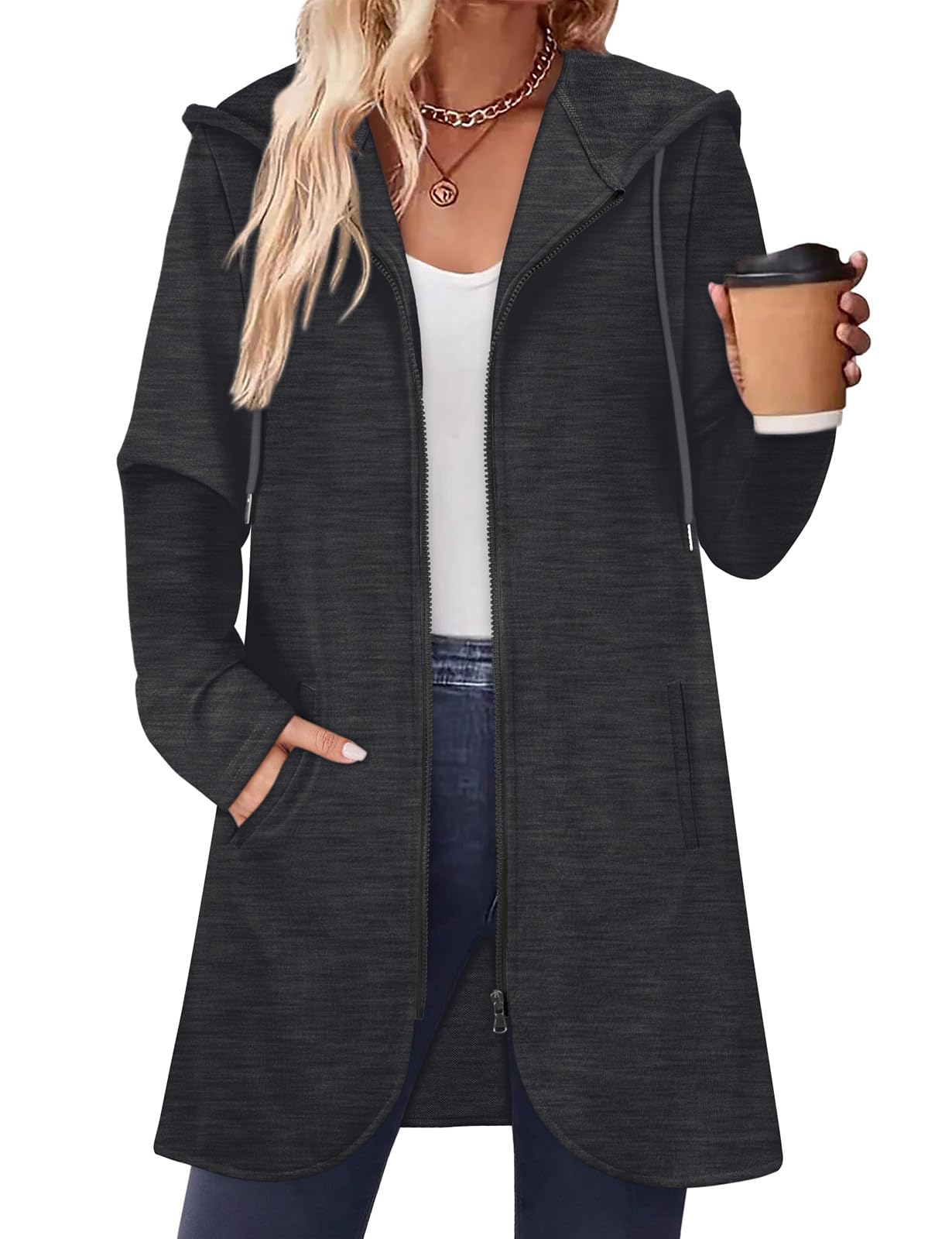 Syphiby Hoodie Damen Sweatjacke mit Kapuze Lang Reißverschluss Kapuzenjacke | Kapuzenpullover Damen Zip Hoodie Jacke Basic Casual Sweatjacke für Frühling Herbst Mäntel M-XXL