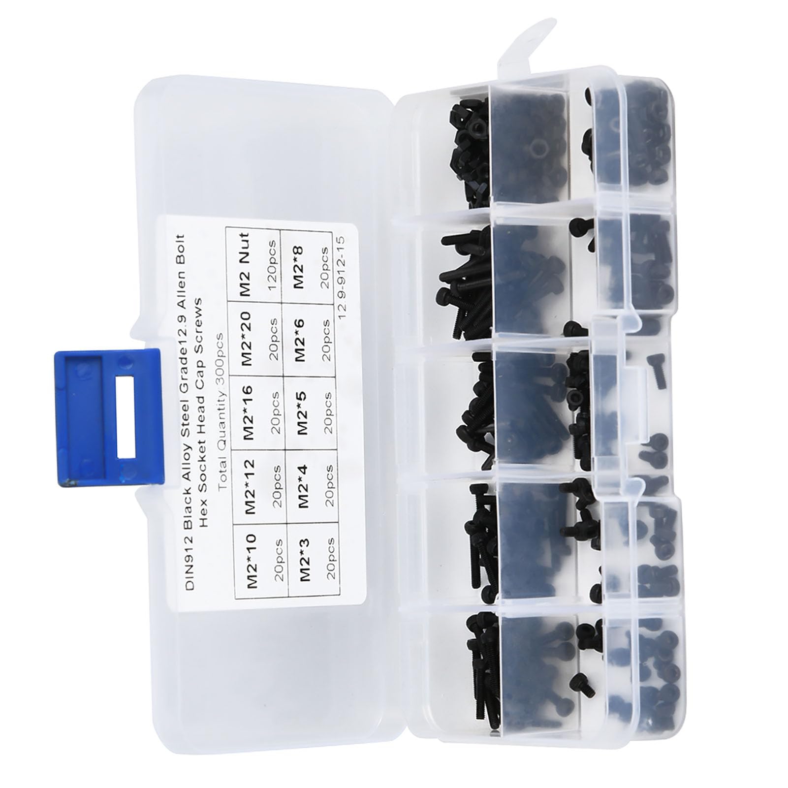 300pcs M2 x 3-20mm 12.9 grado nero esagono incassato bullone e kit dado bulloni a testa bombata in acciaio legato