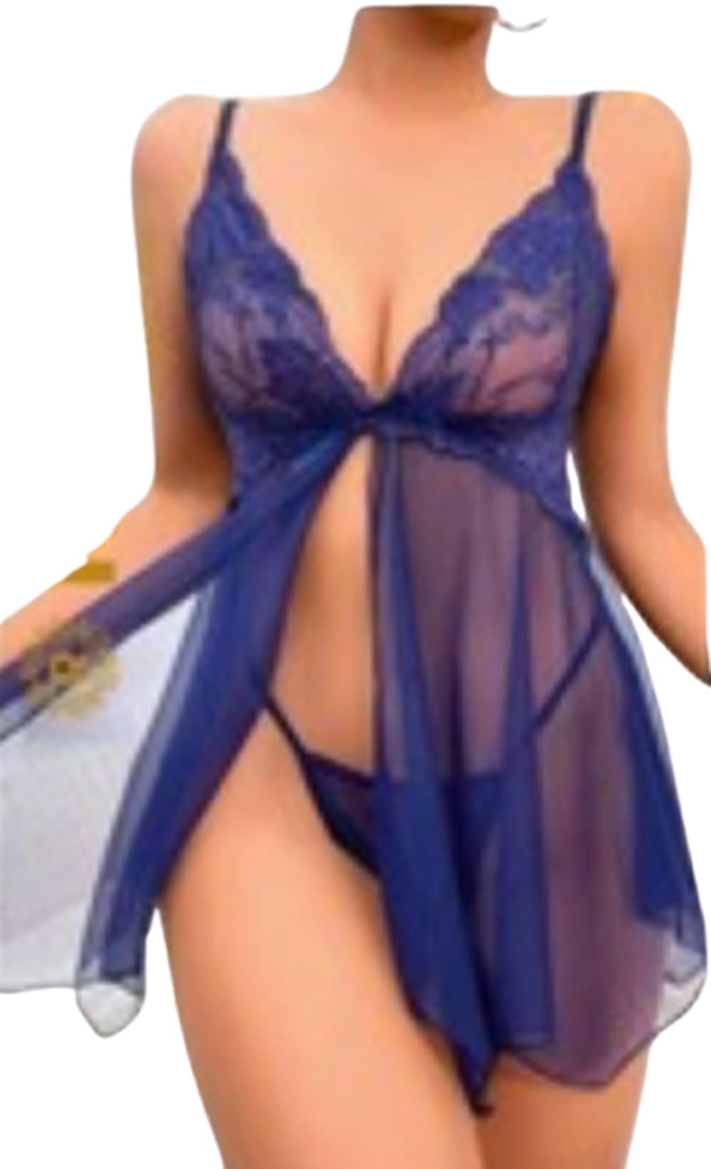 Kadın Fantezi Gecelik Seksi Şık Tasarım Transparan Dantel Detaylı Gecelik (Mavi, L/XL)