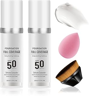 2PCS Color Changing Foundation,Full Coverage Flawless Non-greasy Liquid Foundation Set with Makeup Brush and Makeup Sponge,Suitable for All Skin Types A