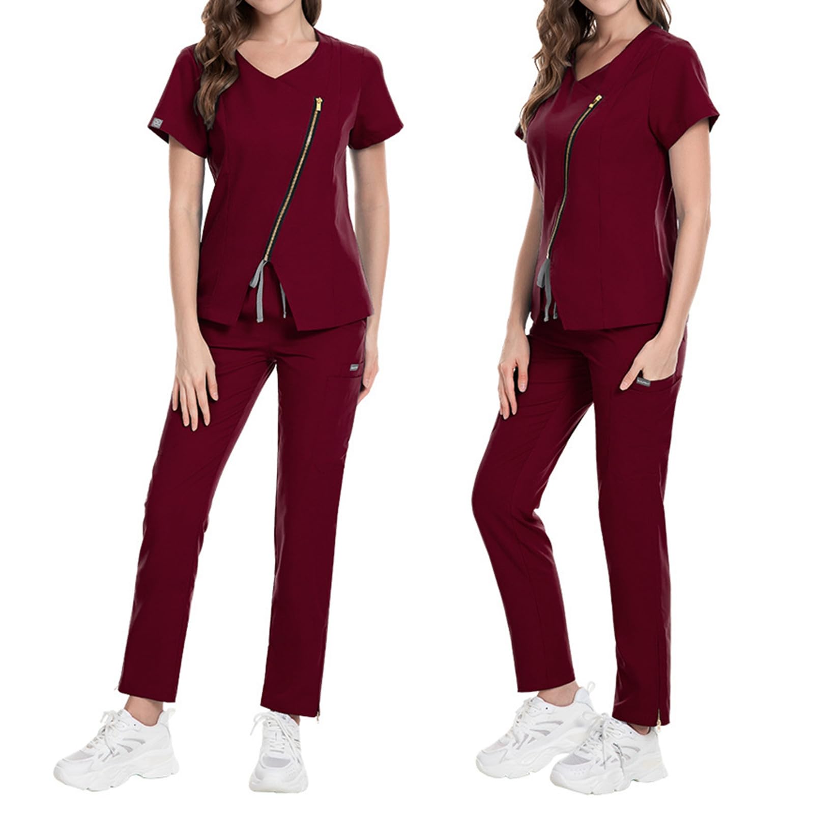 Damen Schrubb Set Medizinische Uniform Elastischer V-Ausschnitt Oberteil mit Gürtel Und Jogginghose Slim Fit Altenpflege Kleidung Frauen Arbeitskleidung Krankenschwester Berufskleidung