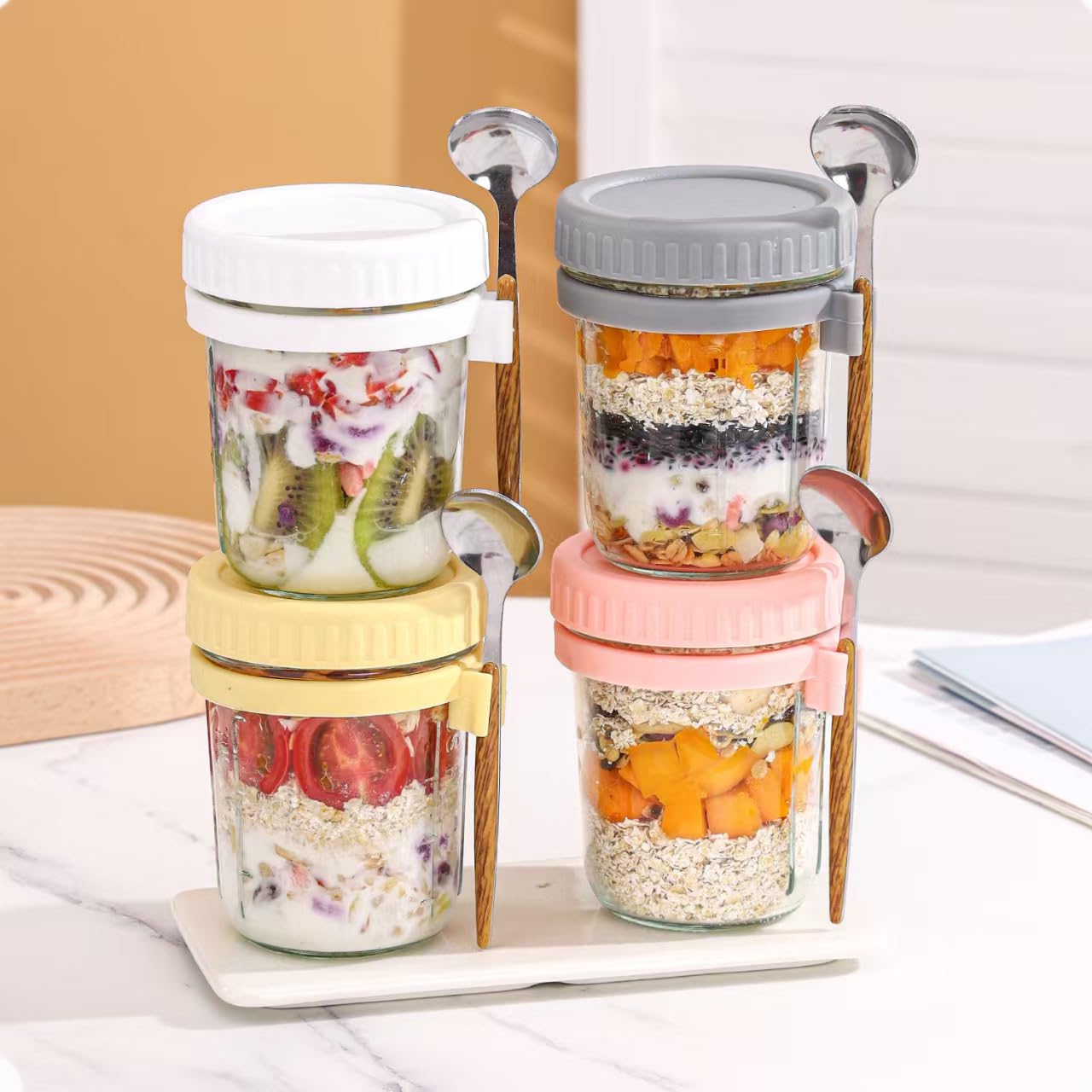 Hylruu Reusable Overnight Oats Jars with Lid and Spoon Set, 4 Pack 430ml Airtight Oatmeal Container with Measurement Mark, Glass Mason Jars for Cereals, Milk, Yogurt, Fruit, Salad