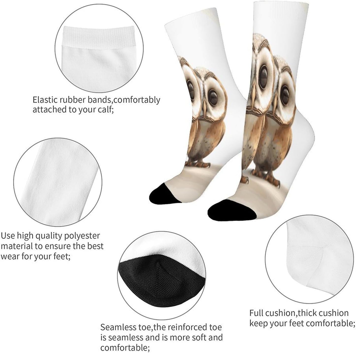 Funny Owl Crew Sock High Stocking Grippy Socks | Socks for Men & Women,Stockings-Long Thin Tube Sports, Breathable Soft Athletic for Nurses,Travel