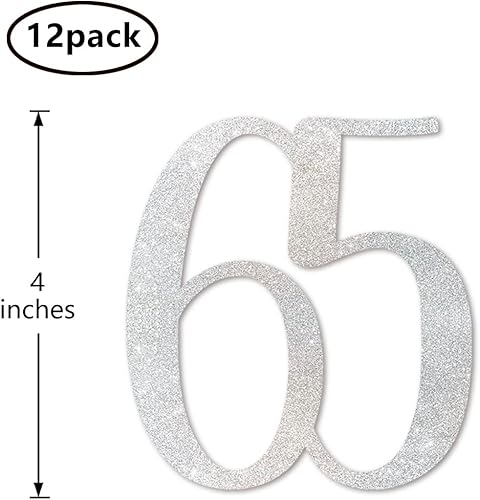 Miniatura 2 de Palitos de centro de mesa de cumpleaños 65 con purpurina plateada, paquete de 12 decoraciones de fiesta de aniversario número 65