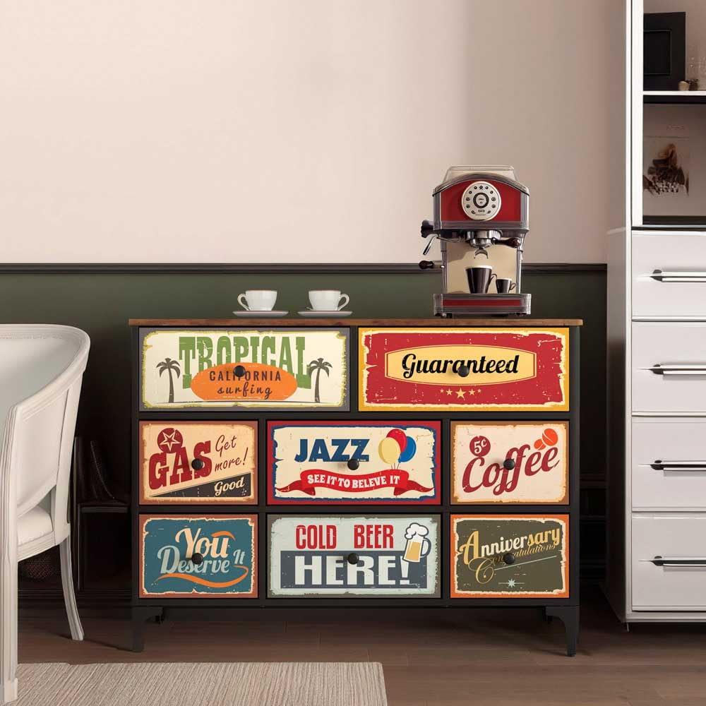 AKTIVE Max Home Comò multiuso per la camera da letto, grafica retrò e vintage, 11 cassetti in tessuto leggero, 103x30x98 cm, Struttura in acciaio, Piano in legno