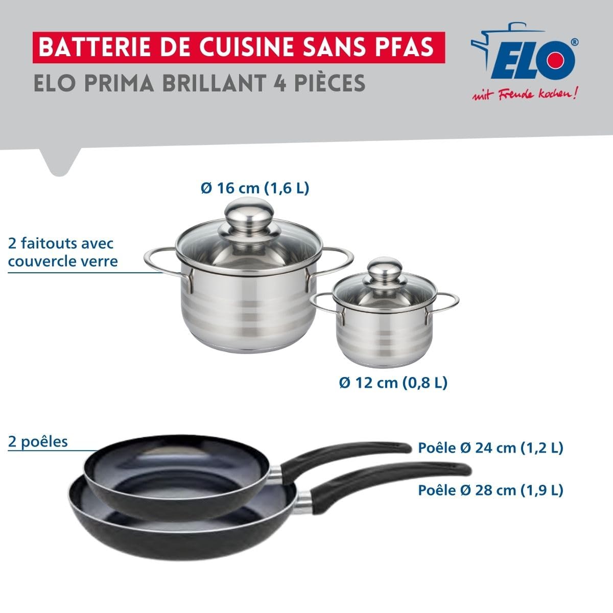 Elo Batterie cuisine 2 poêles 24/28 cm et 2 faitouts 12/16 cm | Cuisson complète en un lot, 4 pièces pour équiper la cuisine, 2 poêles 24 28 cm, 2 faitouts 12 16 cm, Compatible induction