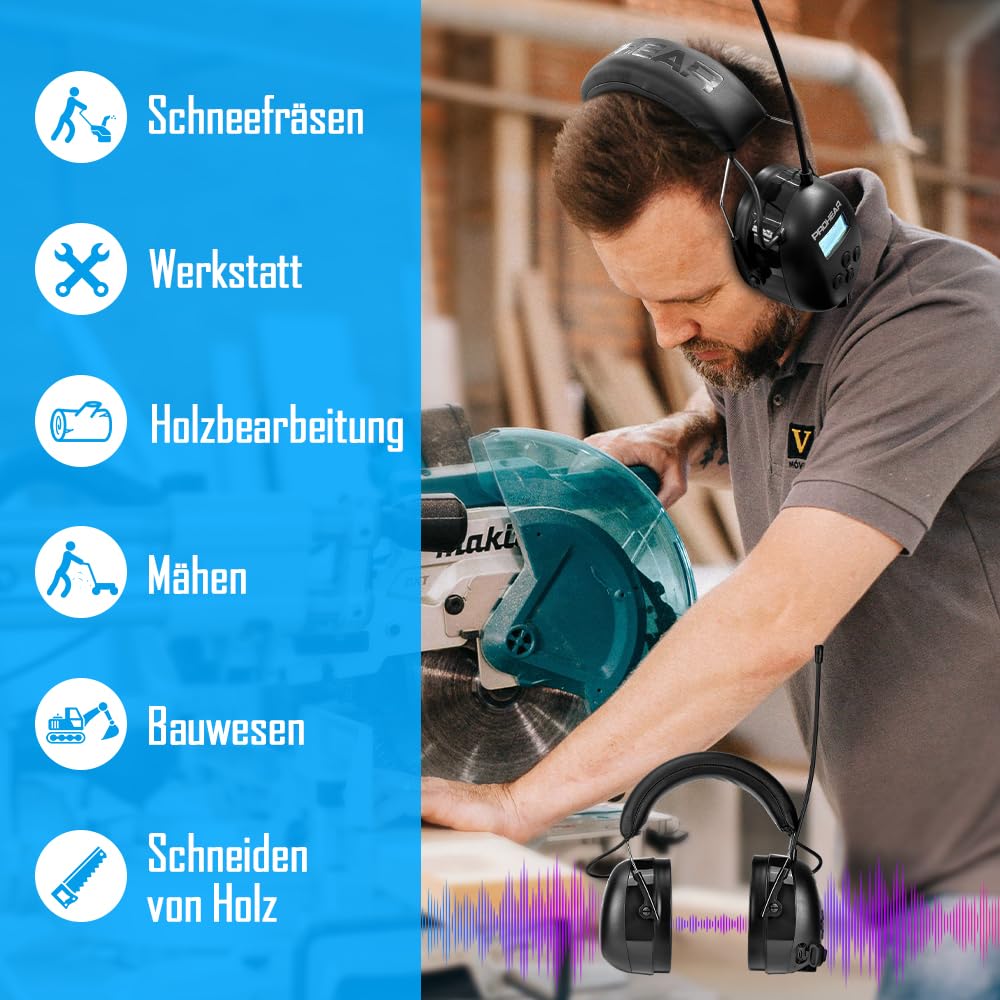 PROHEAR 033A (ulepszone) nauszniki z radiem DAB +/Bluetooth/FM, słuchawki z radiem z wbudowanym mikrofonem i redukcją hałasu
