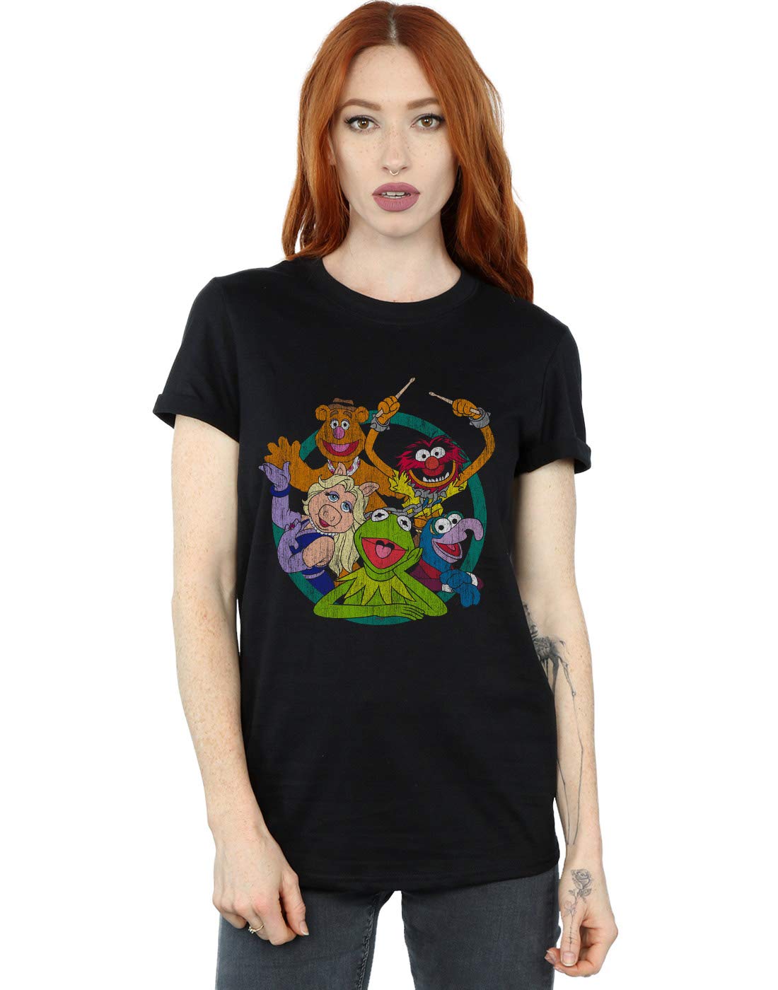 Disney Women's The Muppets Group Circle Boyfriend Fit T-Shirt Black Medium
