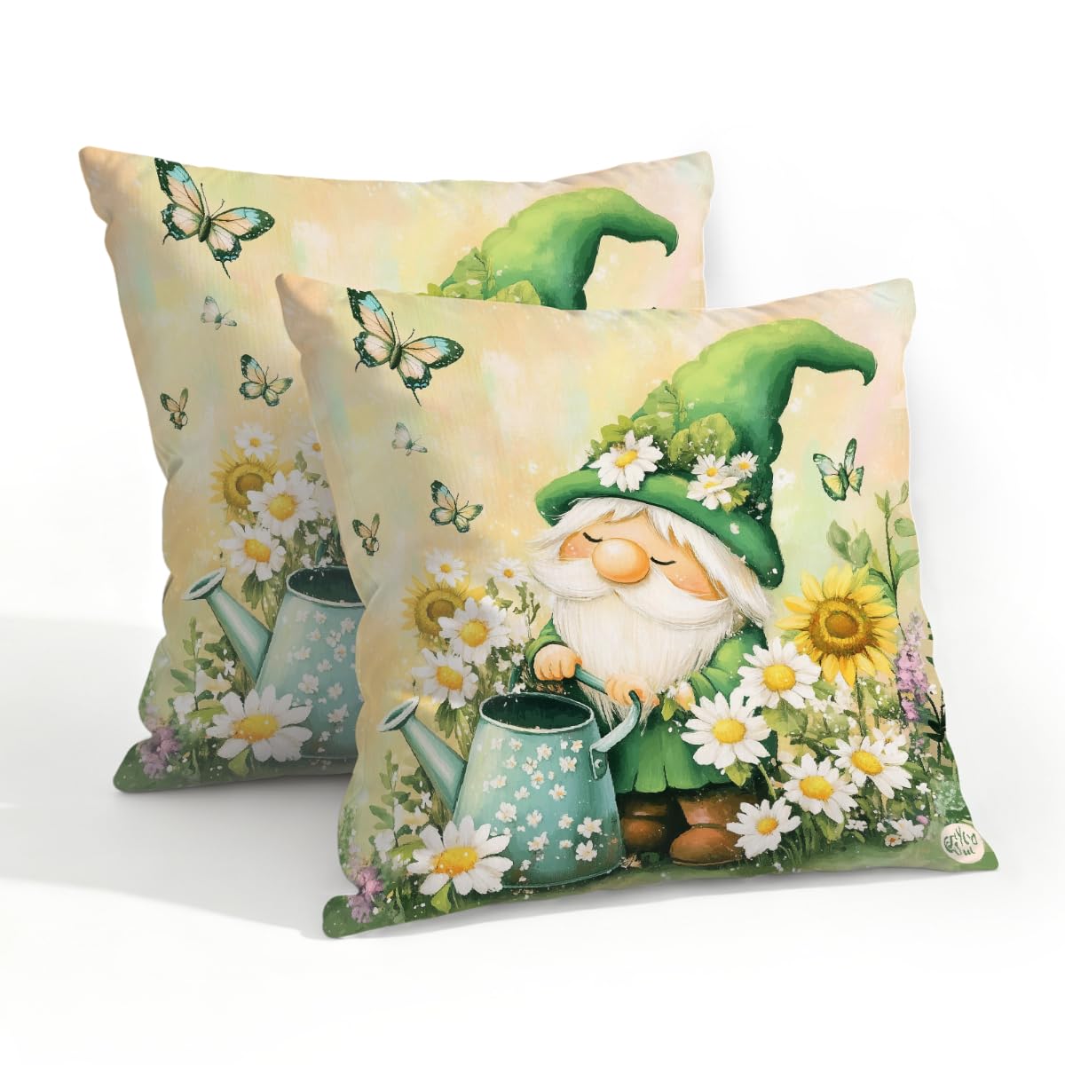Outdoor Pillow Covers Waterproof Pillowcases 20x20IN Set of 2 Spring Summer Daisy Floral Gnome Butterfly Decorative Throw Cushion Case for Couch Sofa Garden Patio Furniture