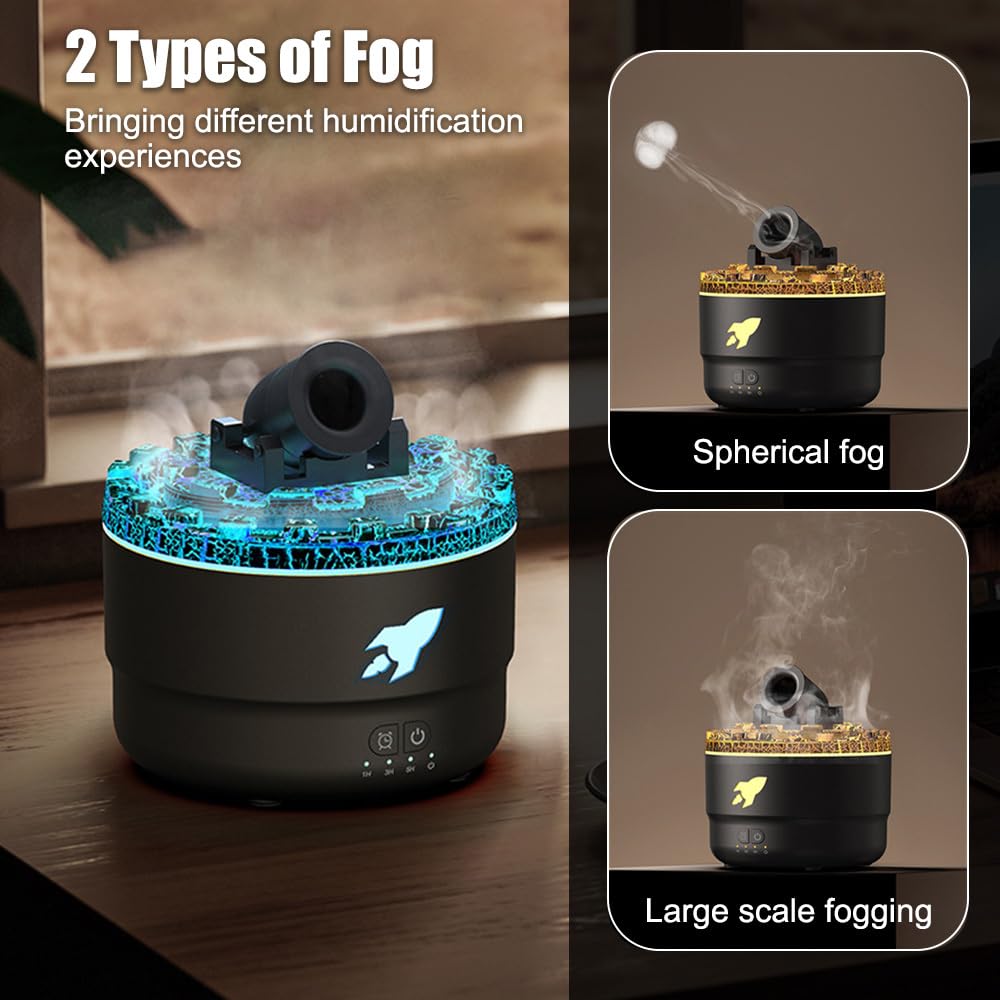 Umidificatore, Diffusore Cannone da Aromi con Nebbia di Vulcano Simulato, Umidificatori Ambiente Cannone Silenzioso con 7 Luci Colorate per Casa Ufficio Viaggio