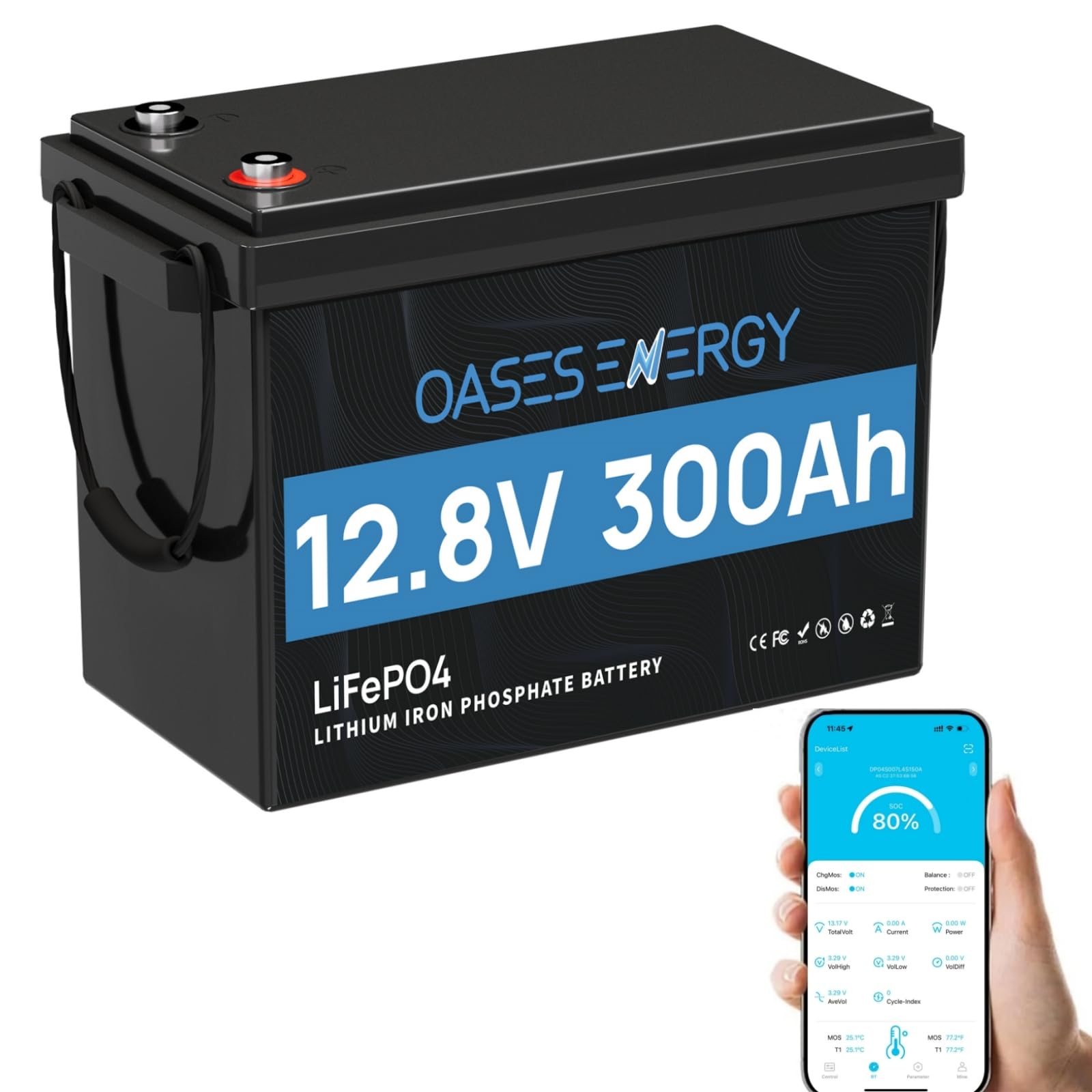 Bluetooth 12V 300Ah LiFePO4 Batterie, BMS 200A amélioré, 12V Batterie au Lithium 3840Wh, pour Les systèmes solaires Camping-Cars, caravanes, Bateaux