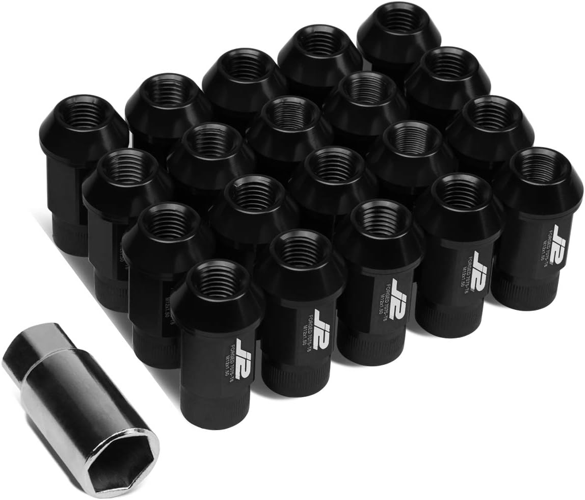 J2 Engineering 20 Pcs 7075 Aluminum Open End M12 x 1.5 Lug Nuts Set w/Socket Adapter, Black, Fit Conical Seat, LN-T7-008-15-BK