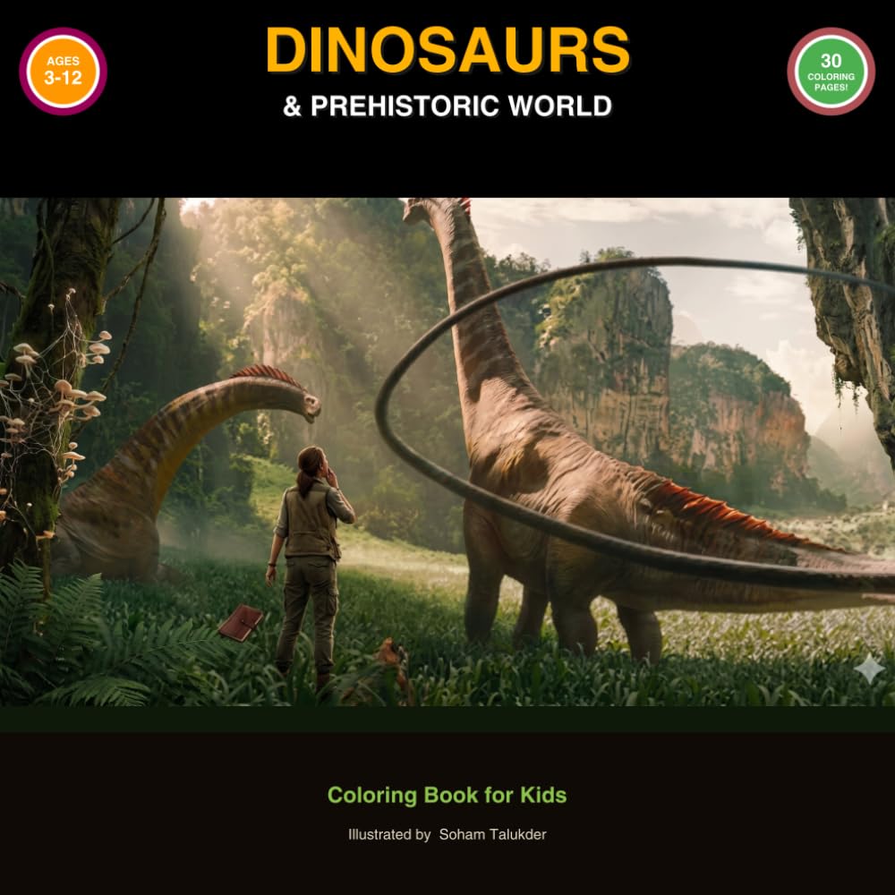 Dinosaurs & Prehistoric World Coloring Book for Kids Ages 3-12: 30 Fun Dinosaur Coloring Pages with Colored Reference | T-Rex, Triceratops, Brachiosaurus & More | Bold Easy Designs for Boys and Girls
