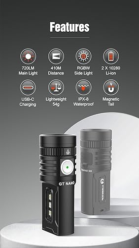 Miniatura 4 de Linterna LUMINTOP GT Nano 6.0 potente minilanzadora, 720 lúmenes con distancia de haz de 410m, carga USB-C, LED RGBW y UV laterales, tapa magnética,