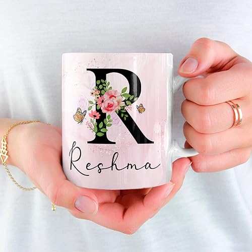 Miniatura 4 de Taza de café blanca con nombre y monograma inicial con diseño floral rosa del alfabeto, taza de viaje con monograma inicial, regalo para mujeres