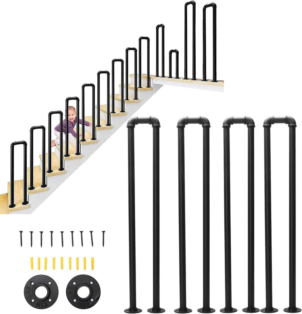 U-Shaped Wrought Iron Railing,Hand Rails for Outdoor Steps,Industrial Forged Iron Railing, Used for Attic Garden Porch Stairs,Matte Black (Size:2.78ft/85cm)