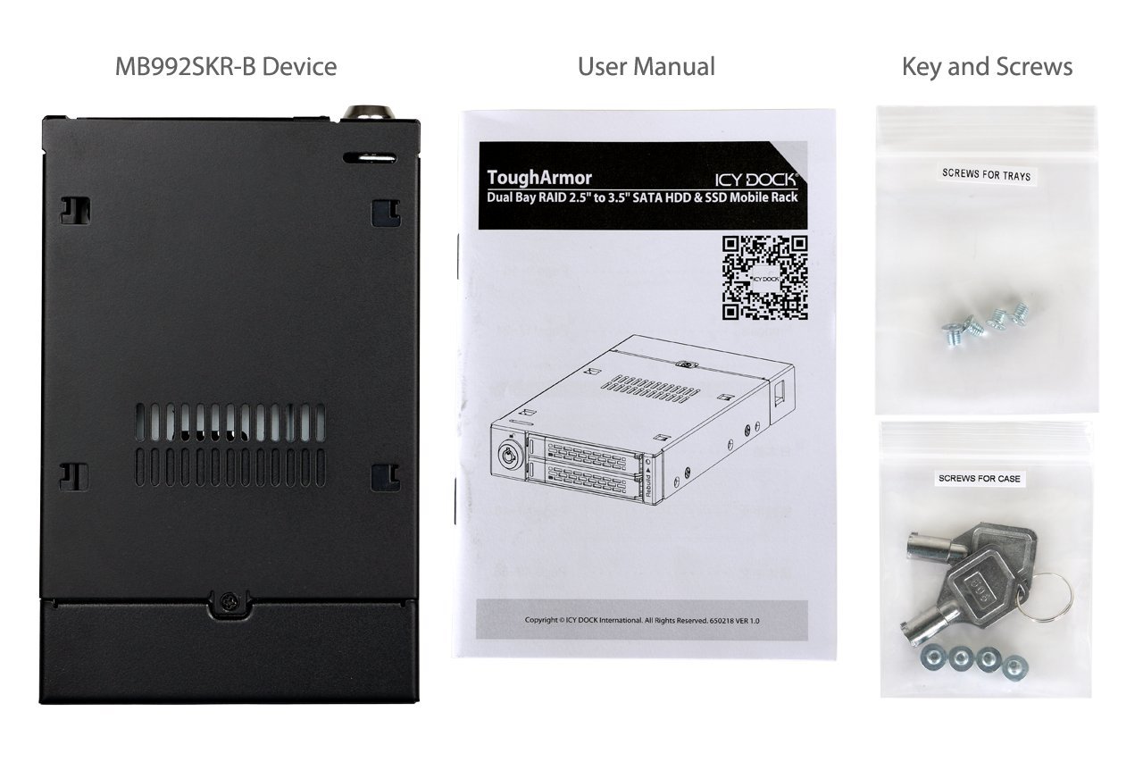 ICY DOCK ToughArmor MB992SKR-B Rack móvil, Robusto gabinete de Rack metálico para 2 x SSD o 2.5" SATA HDD en 1 bahía de 3.5 con Sistema Raid Integrado, Raid 0/1 / Big/JBOD