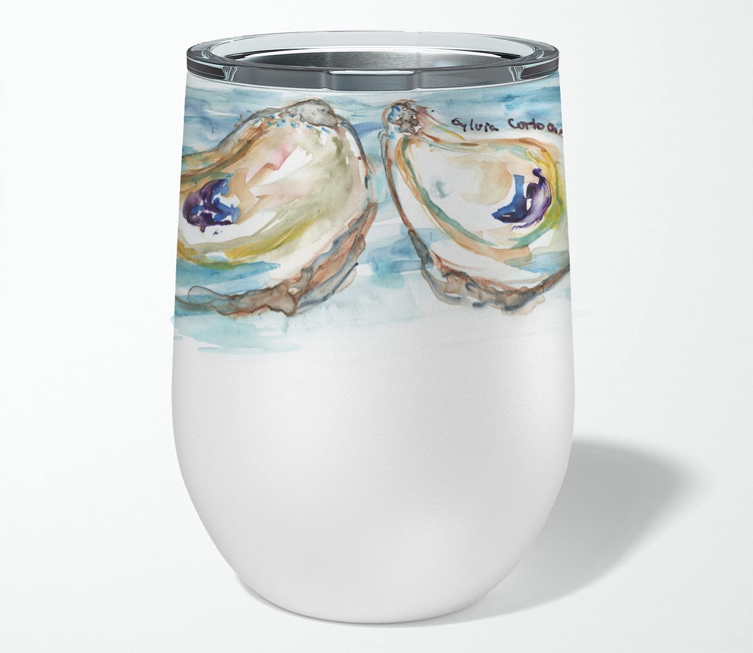 Caroline's Treasures SC2084TBL12 Oysters Stainless Steel 12 oz Stemless Wine Glass Insulated Wine Tumbler with Lid, Cute Travel Cup for Coffee, Cocktails, Gift Women, Mother