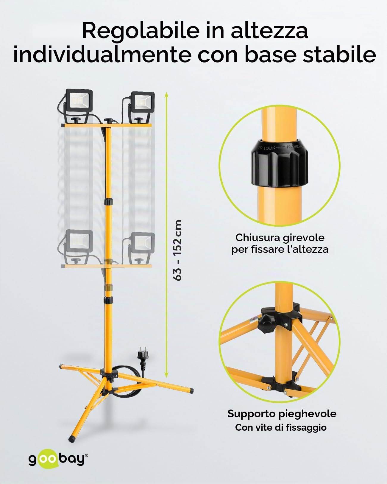 Goobay 57845 Faretto da costruzione a LED su stativo telescopico 2 x 20W / 3400lm / Luce bianca neutra - 4000K / Per uso interno ed esterno - IP65 / Nero/Giallo