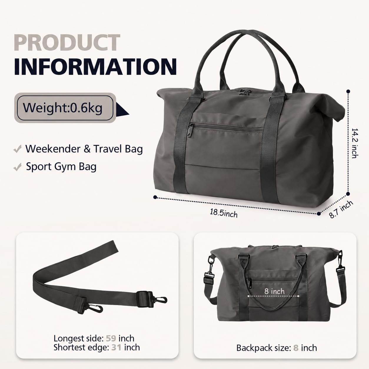 Travel Duffle Bag, Waterproof Weekender Bag Carry On Tote Bags for Women, Travel Essentials Sport Gym Bag for Men, Hospital Bag for Labor and Delivery, Overnight Bag Luggage Bag with Trolley Sleeve view 3