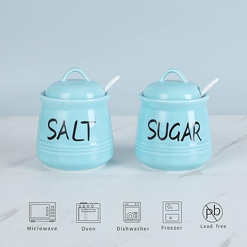 Miniatura 4 de HAOTOP Cuencos de sal y azúcar con tapa y cuchara, juego de cerámica de 12 onzas para sal y azúcar, recipientes de sal y azúcar, caja de especias