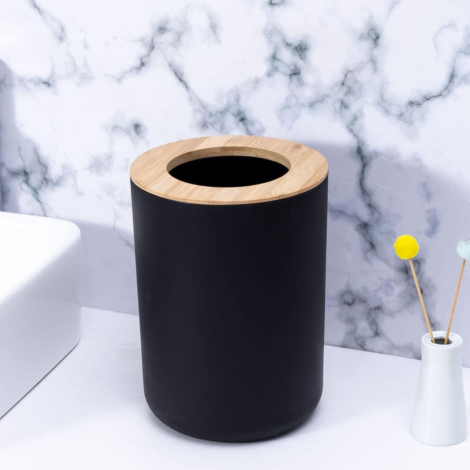 6PCS Bathroom Accessories Set - with Toothbrush Holder, Toothbrush Cup, Soap Dispenser, Soap Dish, Toilet Brush Holder, Trash Can Practical Toilet Kit for Home Washing Room (Black)