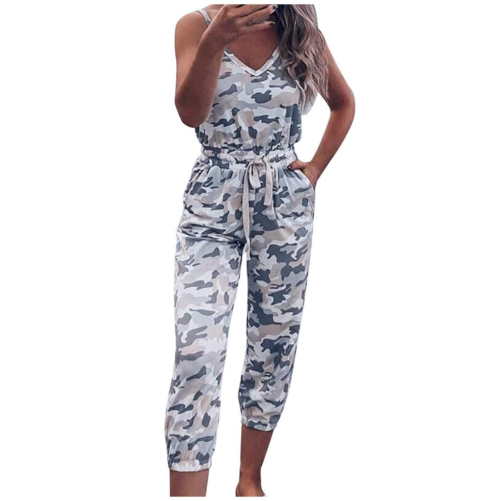 Women Sleeveless Camouflage Long Pajamas Set One Piece Jumpsuit