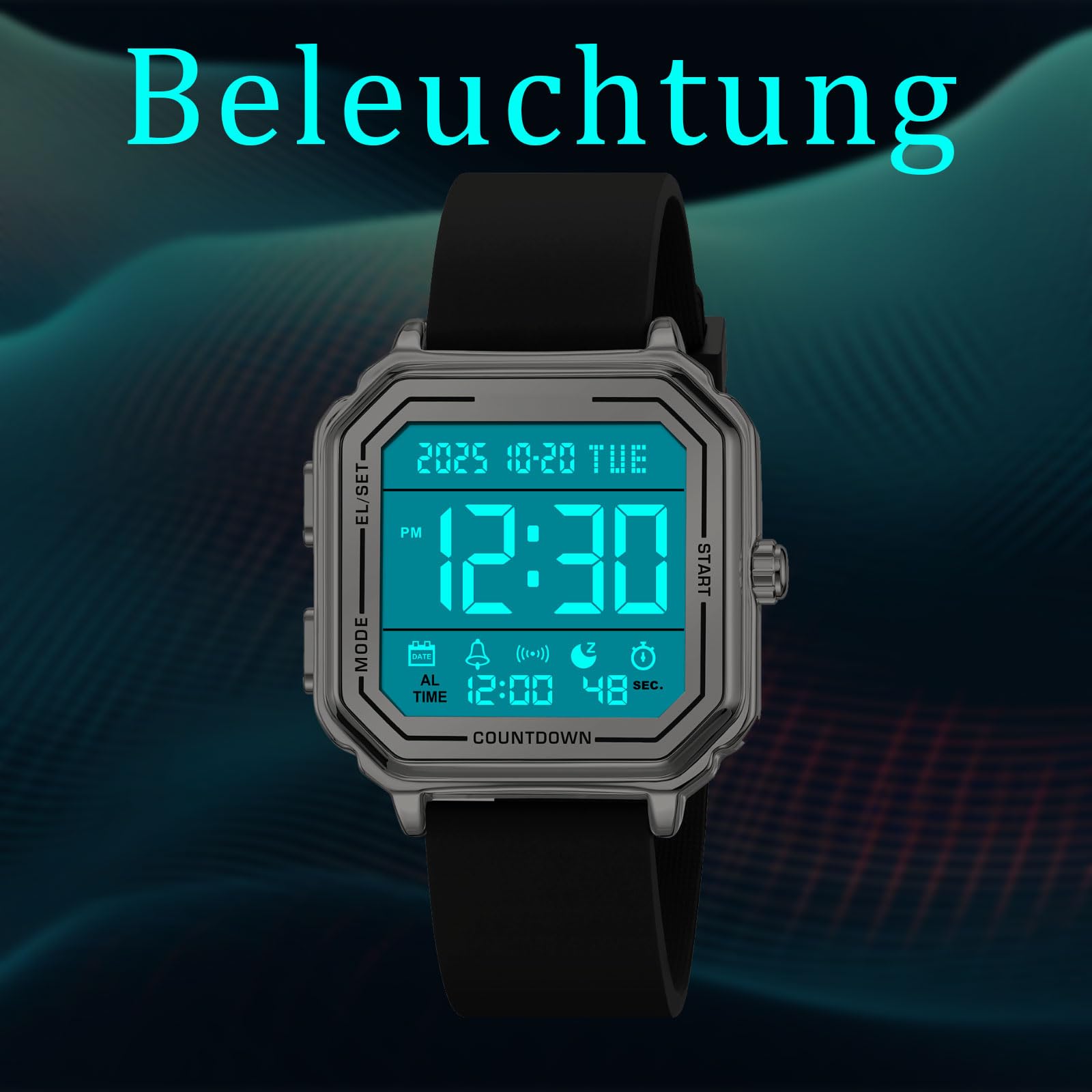 findtime Orologio digitale quadrato digitale orologio sportivo sportivo outdoor uomo donna grandi numeri numeri 3 ATM impermeabile unisex doppio tempo / cronometro / allarme / 12-24H nero oro