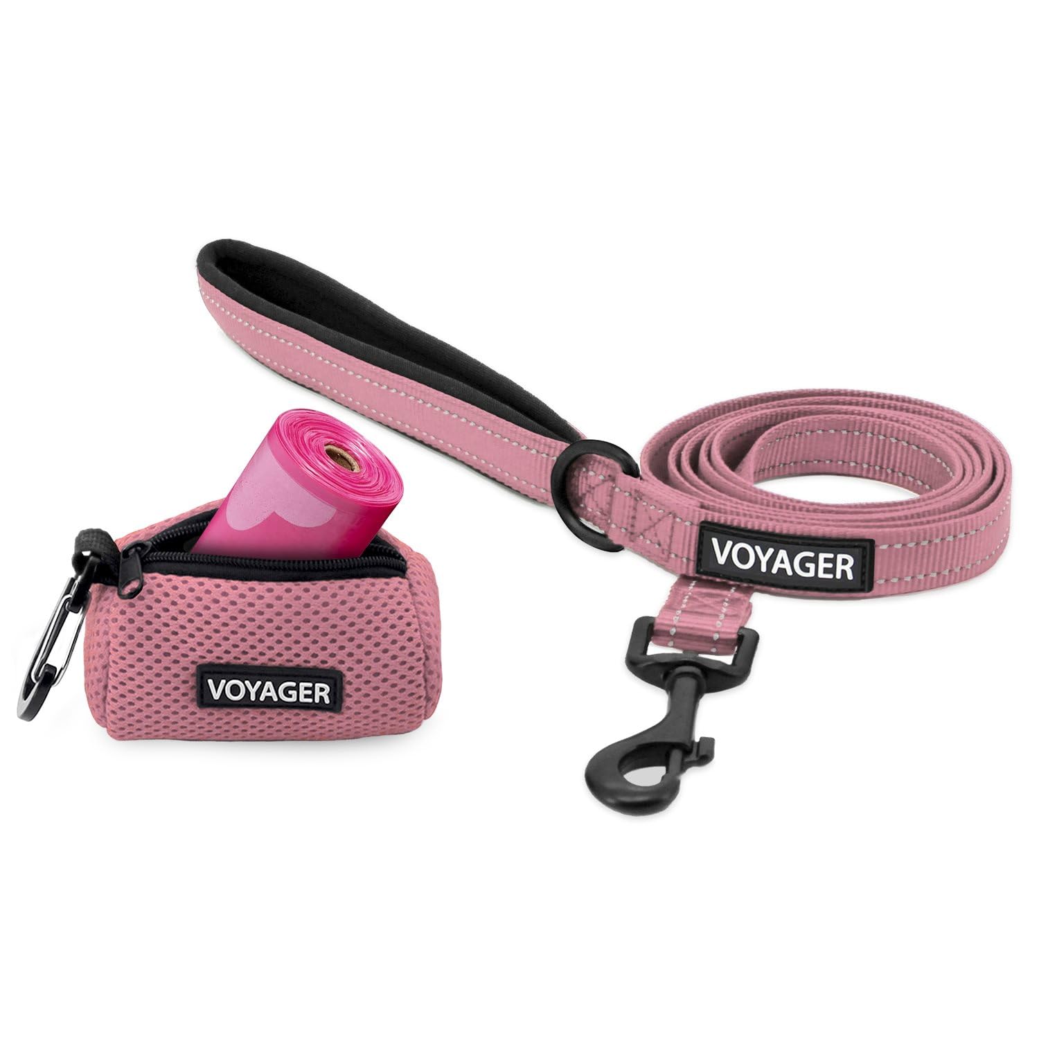 Voyager Reflective Dog Leash with Neoprene Handle and Reusable Mesh Dispenser Poop Bag Holder by Best Pet Supplies, Pink, size S