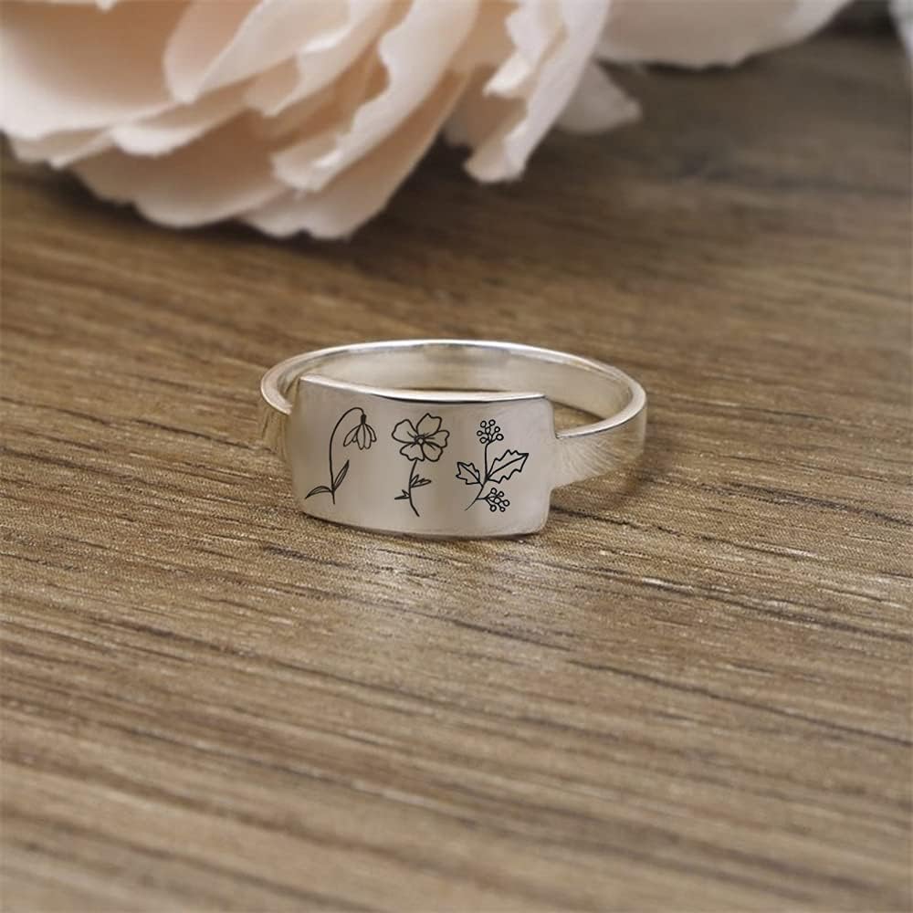 SIMONLY Mother's Day Gifts Personalized Birth Month Flower Ring 925 Sterling Silver Custom Nature Ring Birth Month Flower Gift For Her