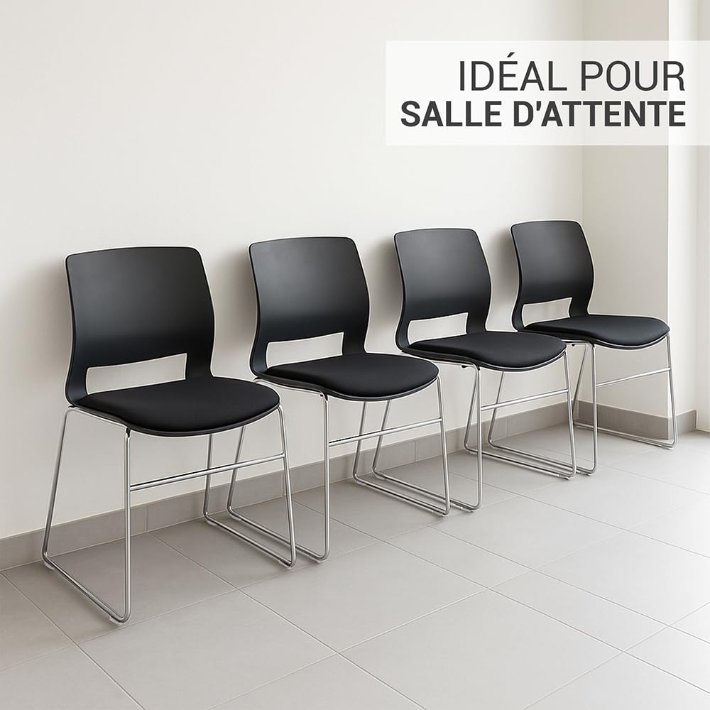Waytex Lot de 2 Chaise Bureau Visiteur, Sièges Multi-Usage, Salle d’Attente, réunion, Accueil – Noire - Empilable – Coque polypropylène - Assise Tissu matelassée – Pied Acier chromé - Noire