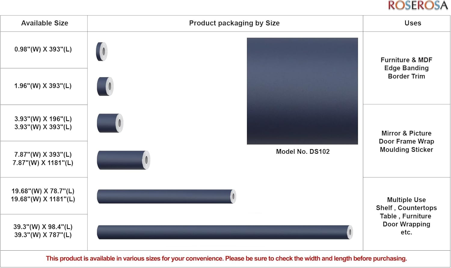 ROSEROSA Peel and Stick Matt Solid Architectural Film Self-Adhesive Vinyl Film Wallpaper Door Wrap Counter Top Border Mirror Molding Trim DS102