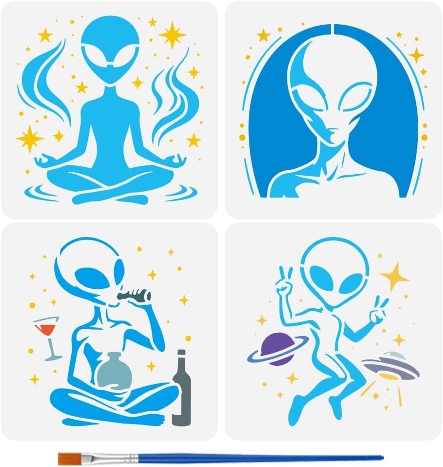 FINGERINSPIRE 4PCS Alien Stencils 5.9x5.9inch Spaceship Alien Drawing Templates Reusable Plastic Space Painting Stencil with a Brush for DIY Crafts on Wood Wall Canvas Decoring Furniture Floor