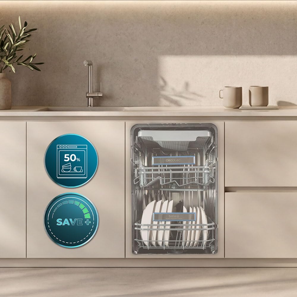 Cecotec Lavavajillas 45 cm Integrable Bolero Aguazero 45100 Full-BI Connected. 11 Cubiertos, 10 Programas, Inverter Plus Duo, Panel Táctil, WiFi, Smart Wash, O2Dry, Super Dry, FloorView Light