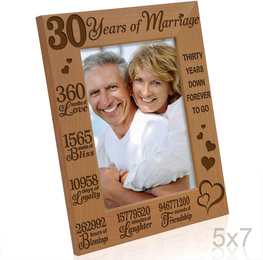 KATE POSH 30 Years of Marriage Engraved Natural Wood Picture Deame, 30th Anniversary, Husband and Wife, 30 Years Down Forever to Go (5x7-Vertical)