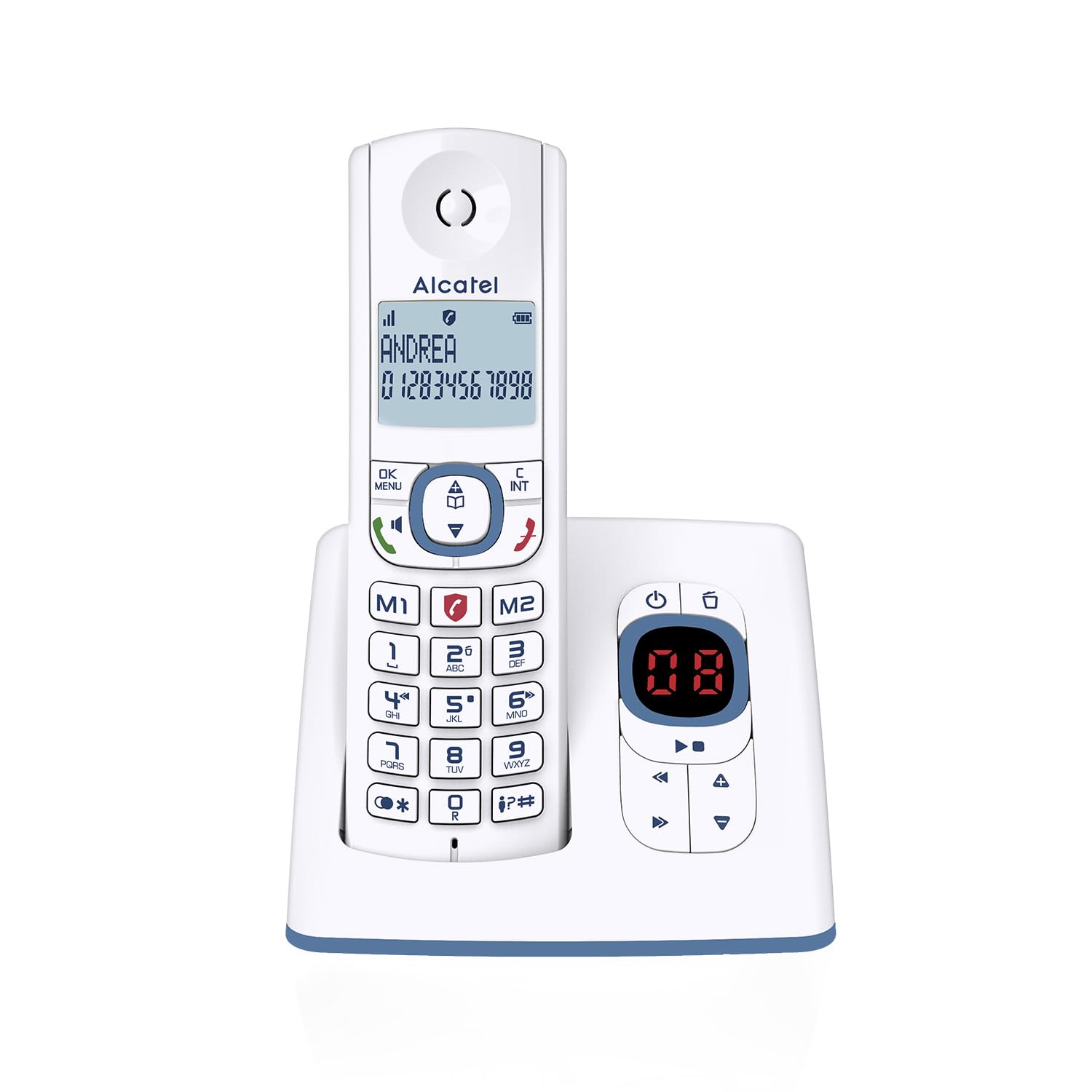 ALCATEL F530 Voice - Teléfono inalámbrico DECT con contestador automático - Gran pantalla retroiluminada - Manos libres - Bloqueo de llamadas - 2 teclas de memoria directa - Blanco/​Azul