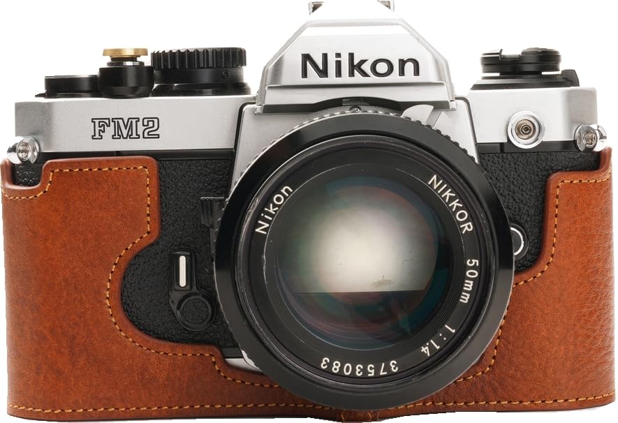 BMAOLLONGB FM2 Case, Handmade Genuine Real Leather Half Camera Case Bag Cover for Nikon FM2 FM FE FM2n FE2 Camera With Hand Strap (Brown)