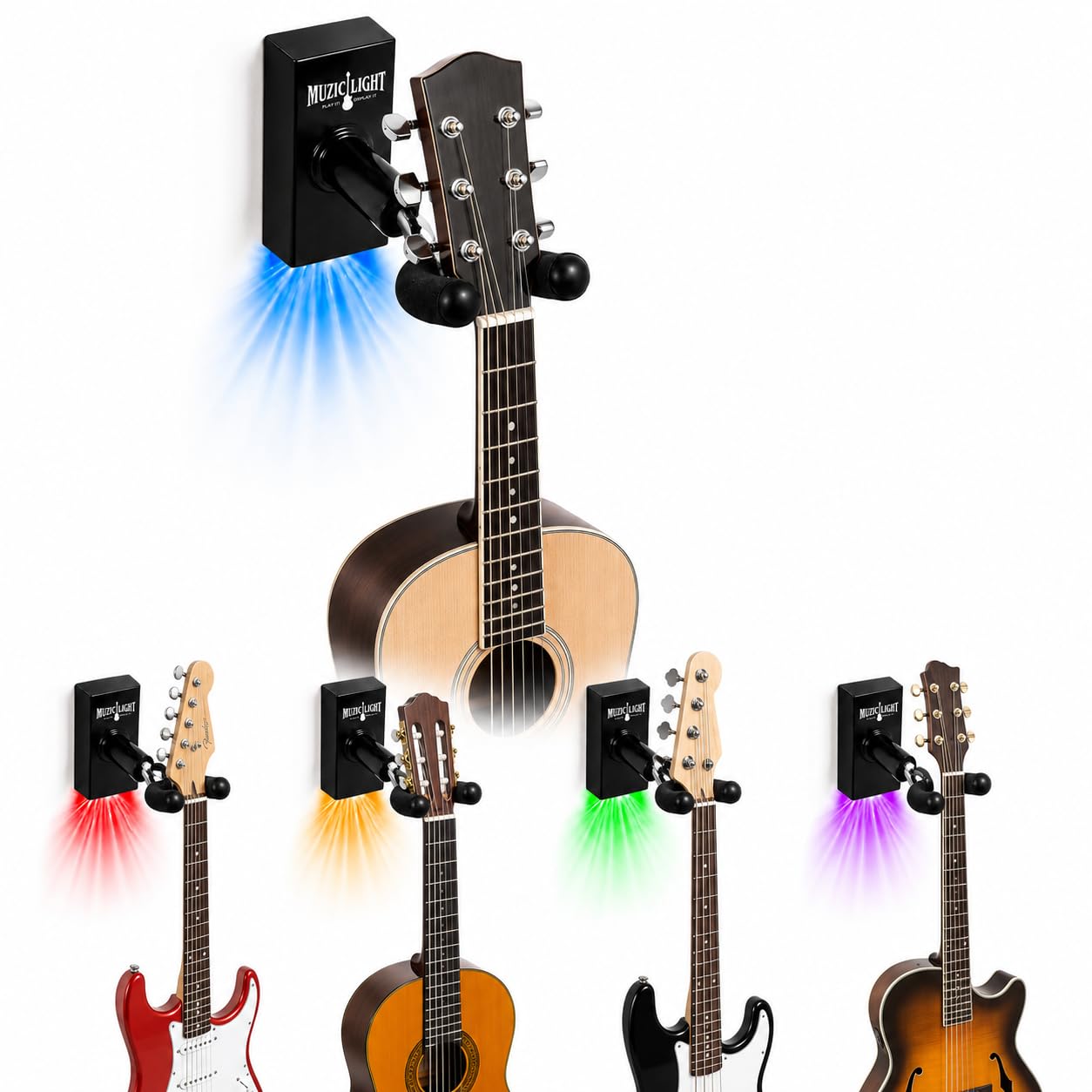 MuzicLight Soporte de pared para guitarra iluminada y soporte de pared para guitarra eléctrica o guitarra acústica con LED para exhibición de guitarra con iluminación ambiental (azul)