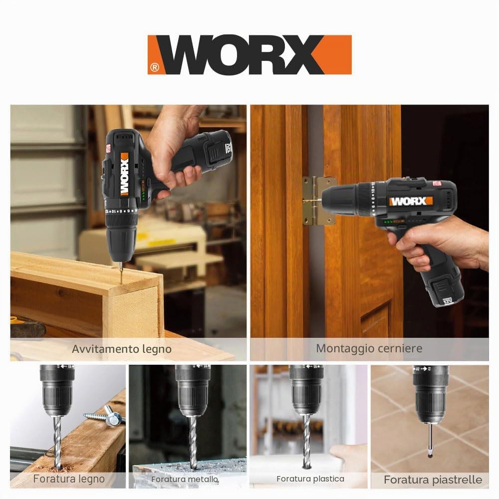WORX WX121 Trapano avvitatore a percussione 12V, con batteria, caricabatt. | Velocità 0-450/0-1.700 giri/min, trapano avvitatore brushless, cambio a 2 velocità, coppia fino a 38 Nm, leggero e compatto