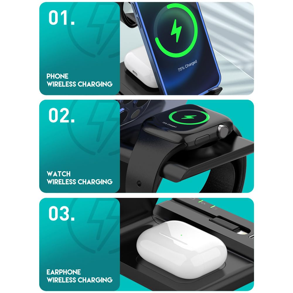 Szybka stacja dokująca do ładowania bezprzewodowego 6 w 1 o mocy 50 W do smartfonów, smartwatchy i słuchawek dousznych