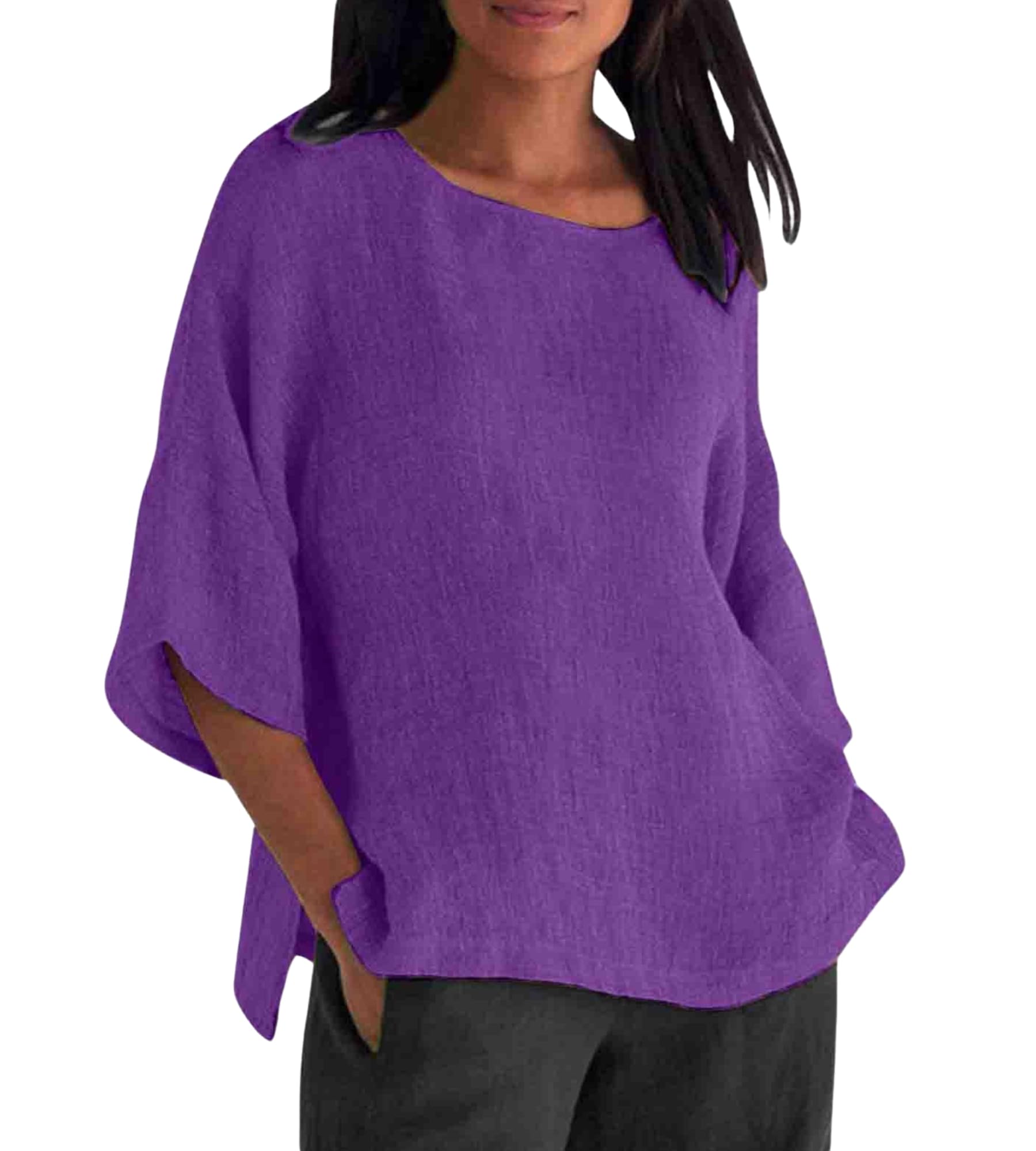 QANSI Women's 3/4 Sleeve Linen T-Shirt Casual Crewneck Solid Color Tunic Tops Shirt Loose Fit Plus Size Vacation Blouses Purple Large