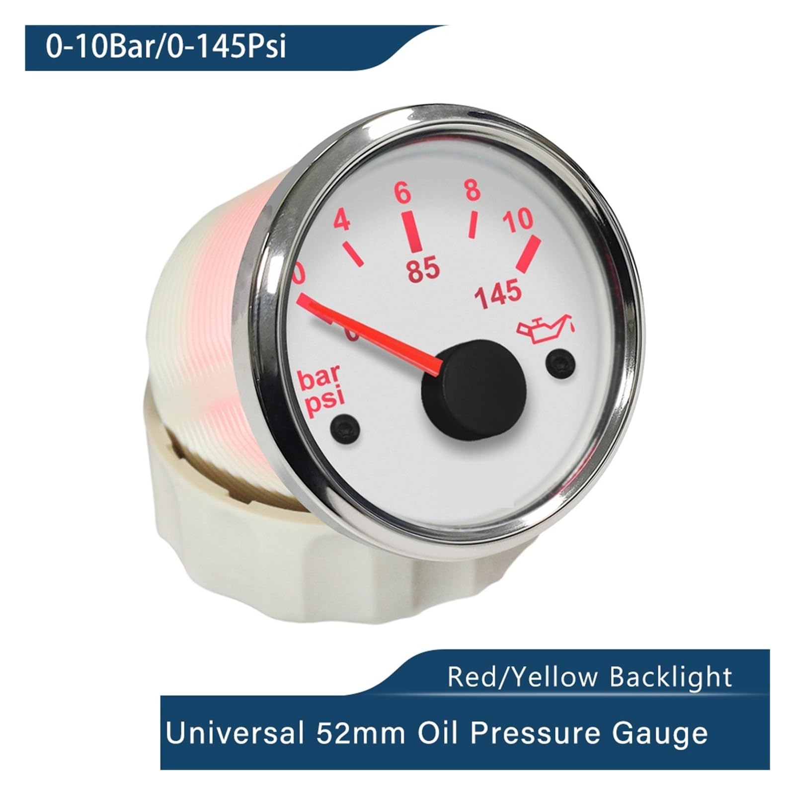 Medidor de presión de aceite de 52 mm, 0-5 bar 0-10 bar for automóvil marino con retroiluminación disponible en rojo y amarillo 12 V 24 V Lectura clara(Digital 0-10Bar WS)