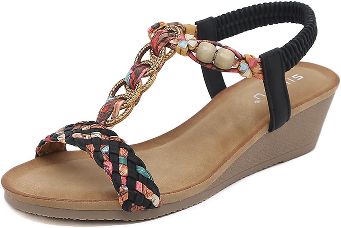 JOEupin Wedge Sandals for Women Elastic Ankle Strap Woven Low Wedge Sandals Open Toe Dress Platform Shoes Dressy Summer