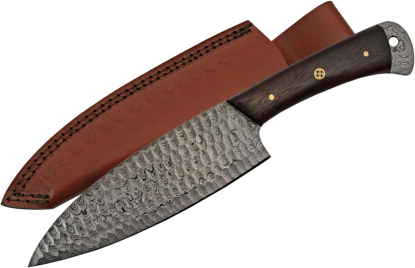 SANZ Damascus Hunting Knife 10.5 Inch - Chef Style Knife with Wood Handle, Full Tang Blade & Sheath - Pocket Knife for Hunting, Camping & Outdoor uses - Knives for Men